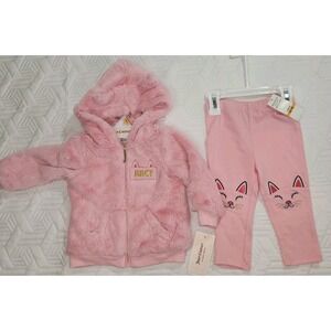 Juicy Couture Baby 12 Month Coat And Pant Clothing Set Faux Fur Pink New Hooded